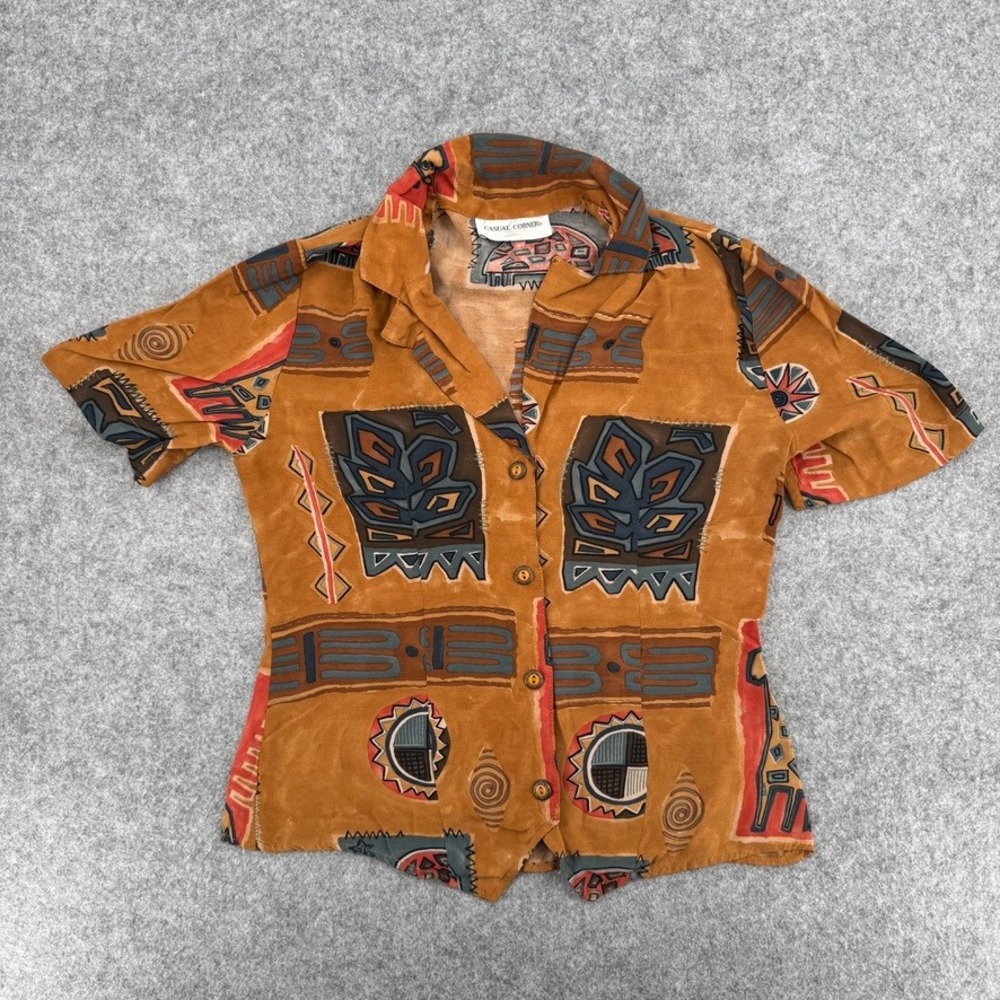 Vintage Casual Corner Button Down Womens S Tribal Animal Print Mustard